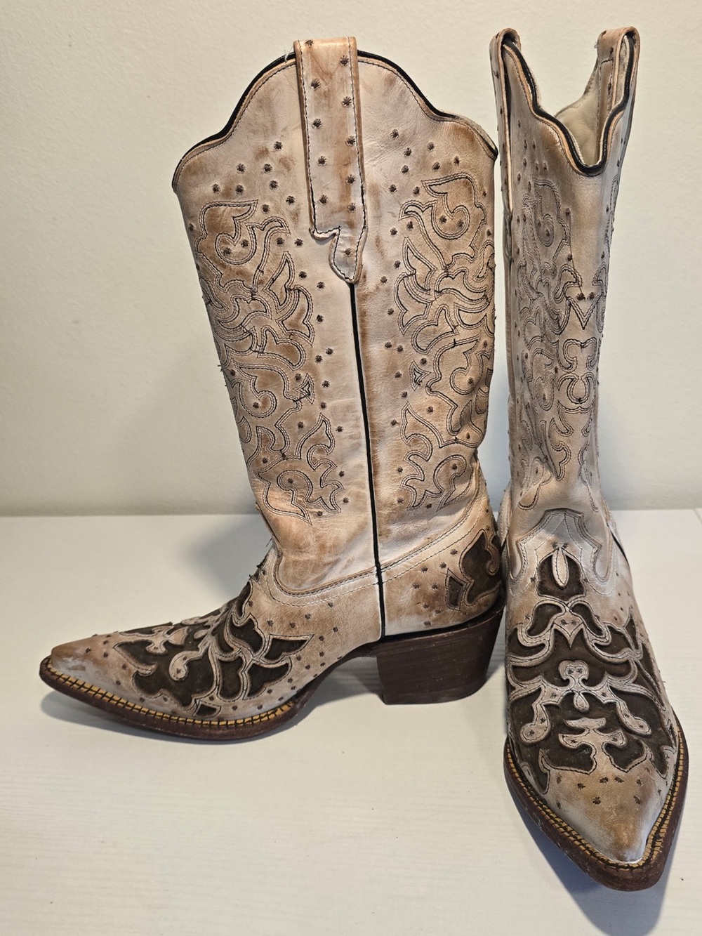 J.B. Dillon Two-Tone Leather Cowboy Boots - Cream and Dark Brown - Picture 2 of 6